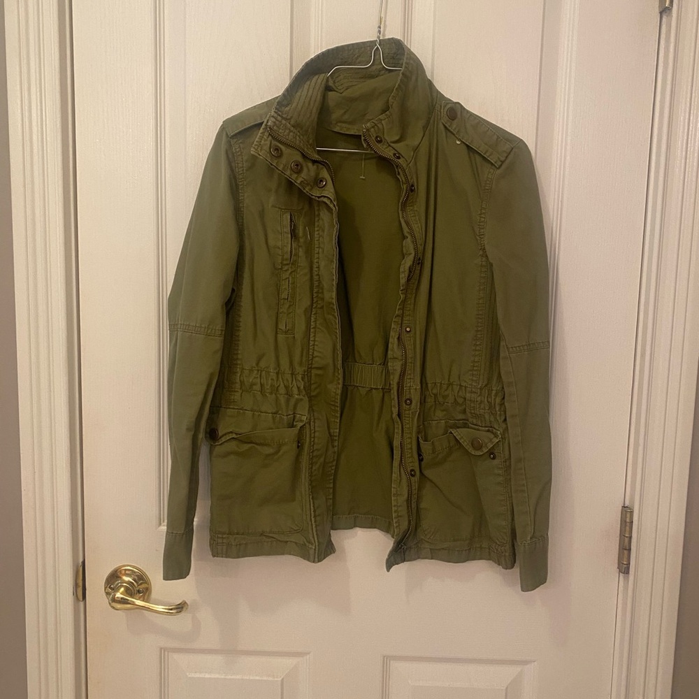 Chic Olive Green Size Small Women’s Collared Cotton Utility Cinched Waist Jacket
